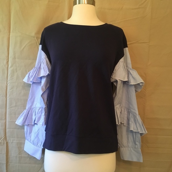 Halogen Striped Ruffle Poplin Sleeve Sweatshirt XS - Picture 5 of 8